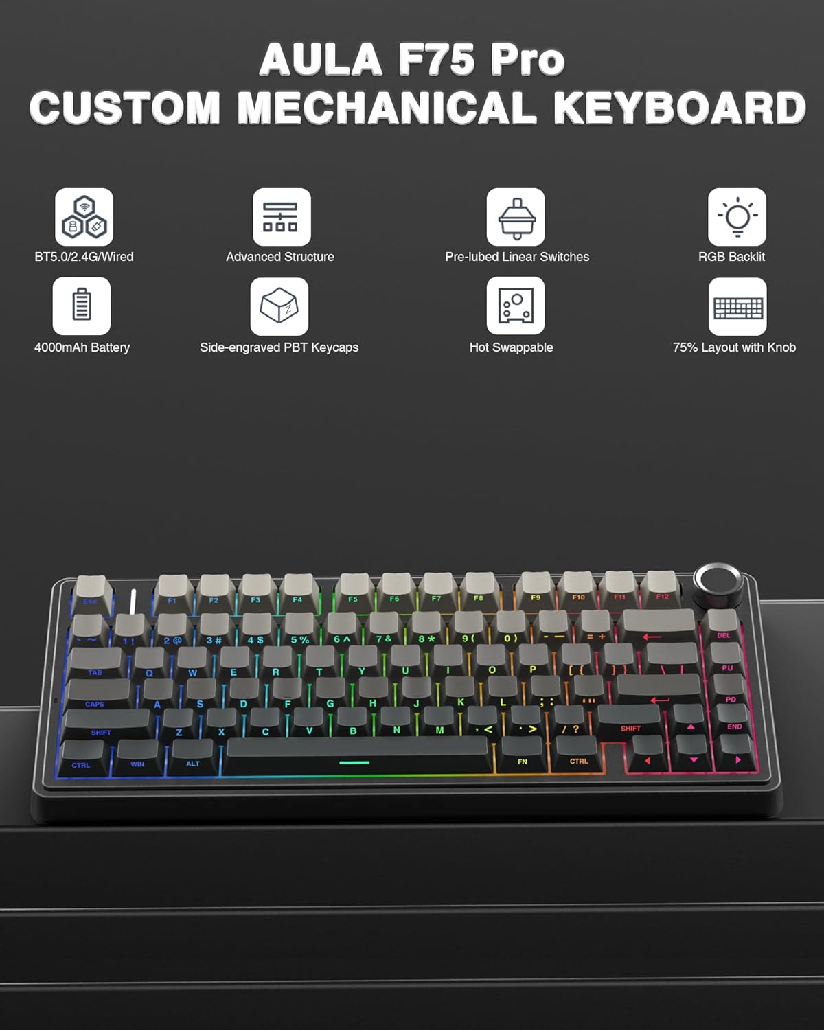 AULA F75 75% Wireless Mechanical Keyboard,2.4Ghz/Type-C/BT5.0 Gaming Keyboards,A...