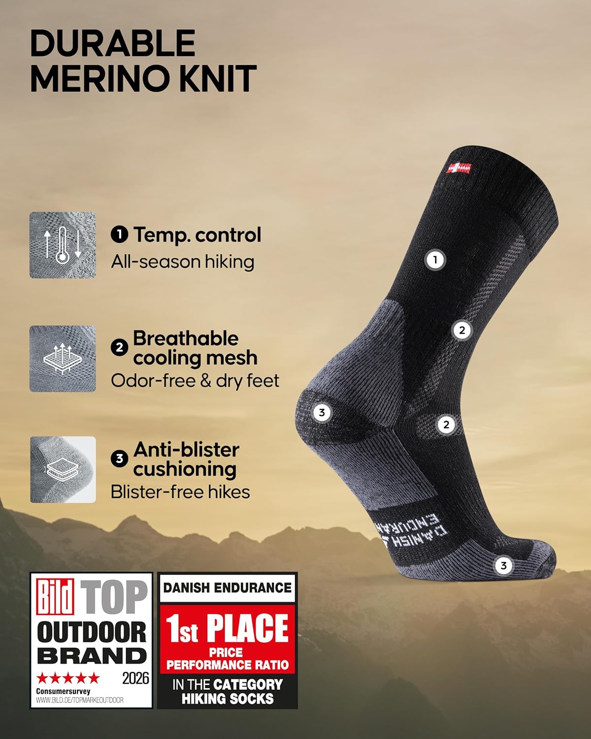 DANISH ENDURANCE Hiking Socks, Warm Merino Wool Walking Socks with Thick Anti Bl...