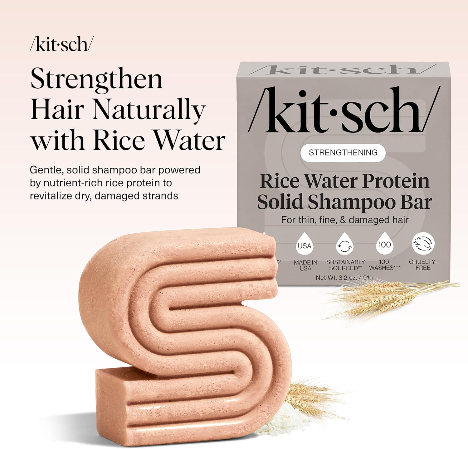 Kitsch Shampoo Bar with Rice Water 91g – Solid Bar Shampoo for Hair Thickening,...