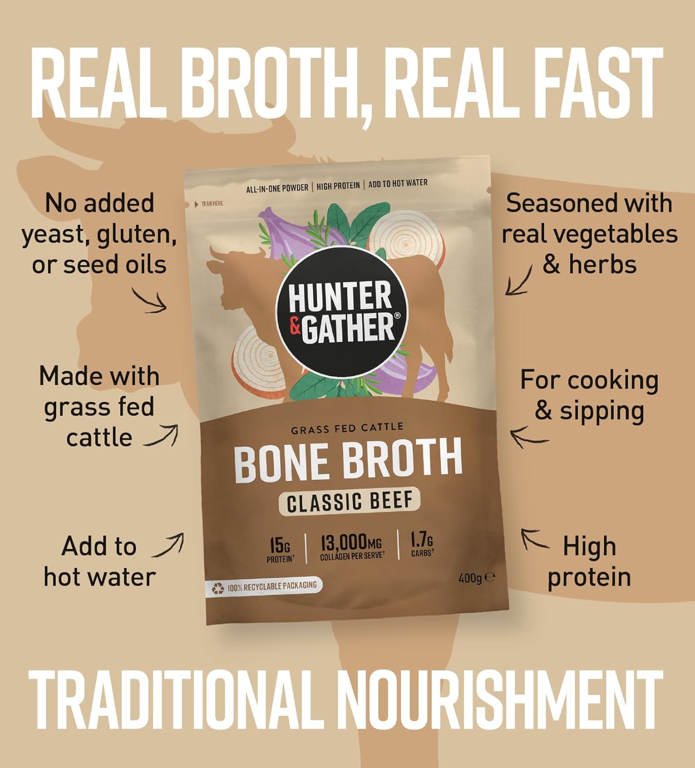 Hunter & Gather Beef Bone Broth Powder | 15g Protein | Grass Fed European Beef C...