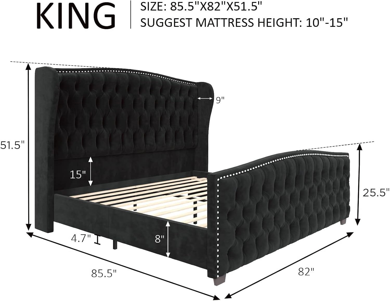 AMERLIFE King Size Platform Bed Frame, Velvet Upholstered Bed with Deep Button T...