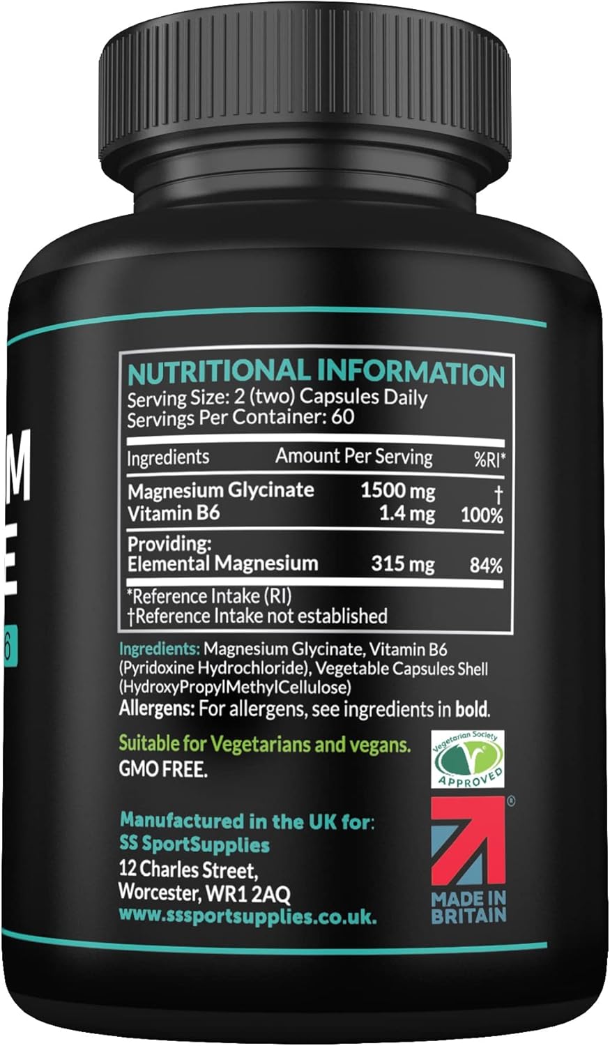 Magnesium Glycinate Supplements 1500mg & Vitamin B6-120 High Strength Capsules -...