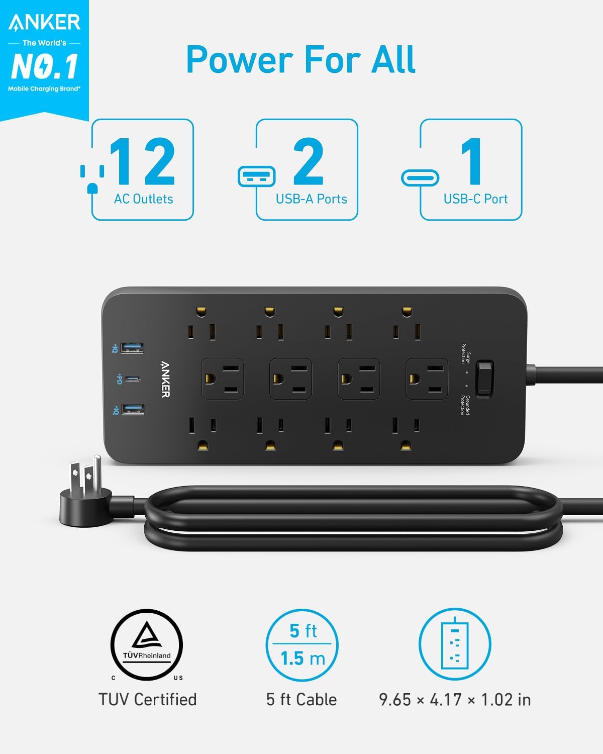 Anker Power Strip with 2100J Surge Protector, Outlet Extender, 5ft Extension Cor...