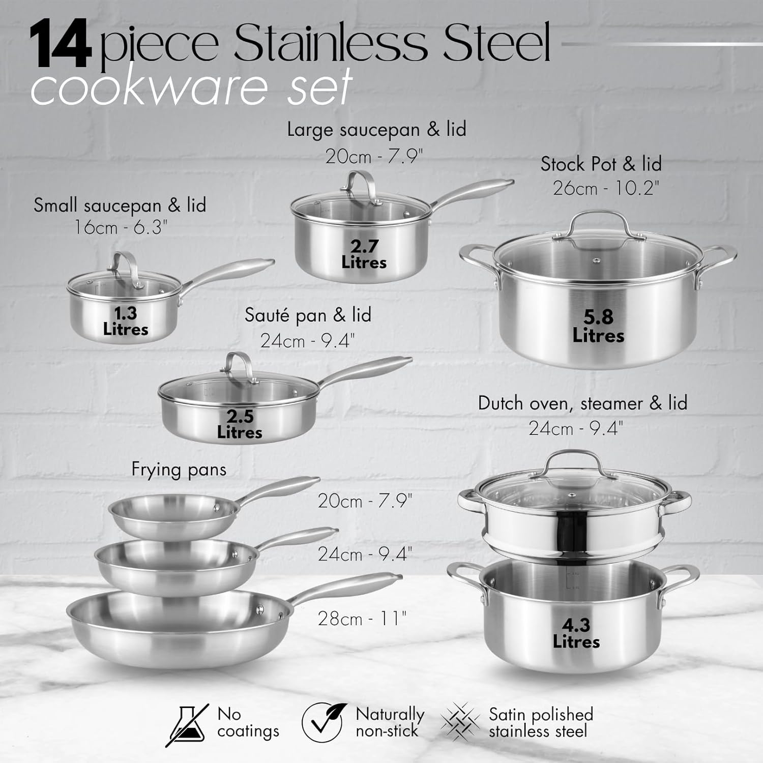Stainless Steel Pots and Pans Set – 14pcs Cookware with Glass Lids – Induction H...