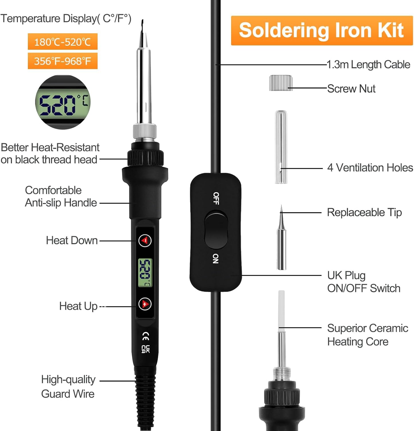 Soldering Iron Kit 80W LCD Adjustable Temperature 180-520°C, 13 in 1 Electric So...