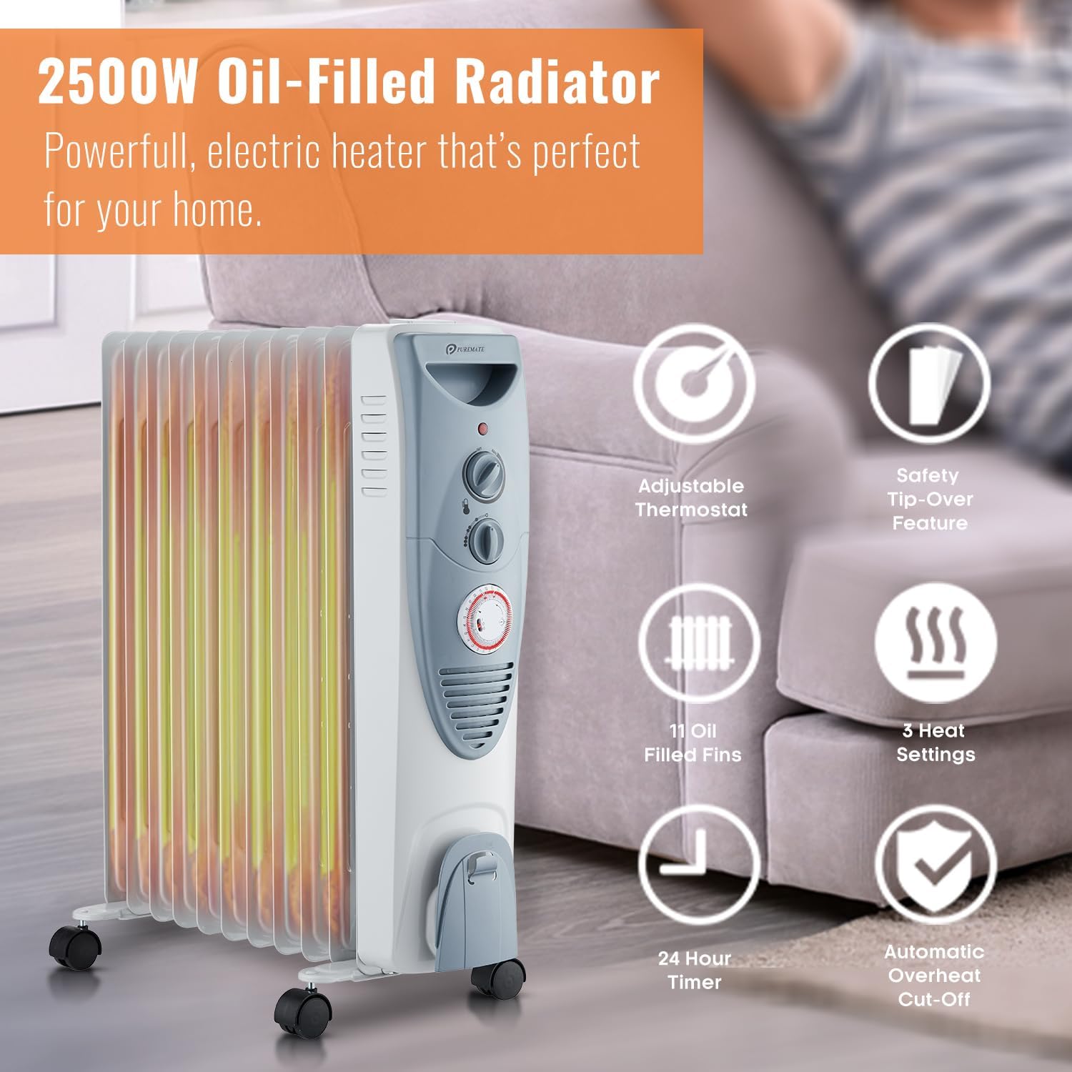 PureMate Oil Filled Radiator, 2500W/2.5KW - 11 Fin - Portable Electric Heater, 3...