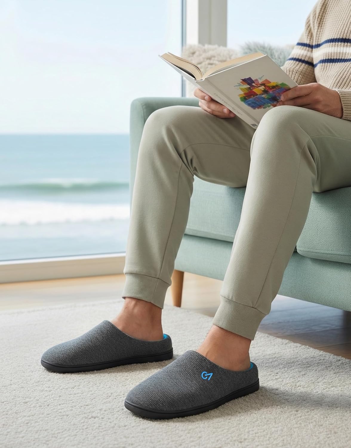 VeraCosy Men's Two-Tone Memory Foam Slippers 8/9 UK Dark Gray Blue