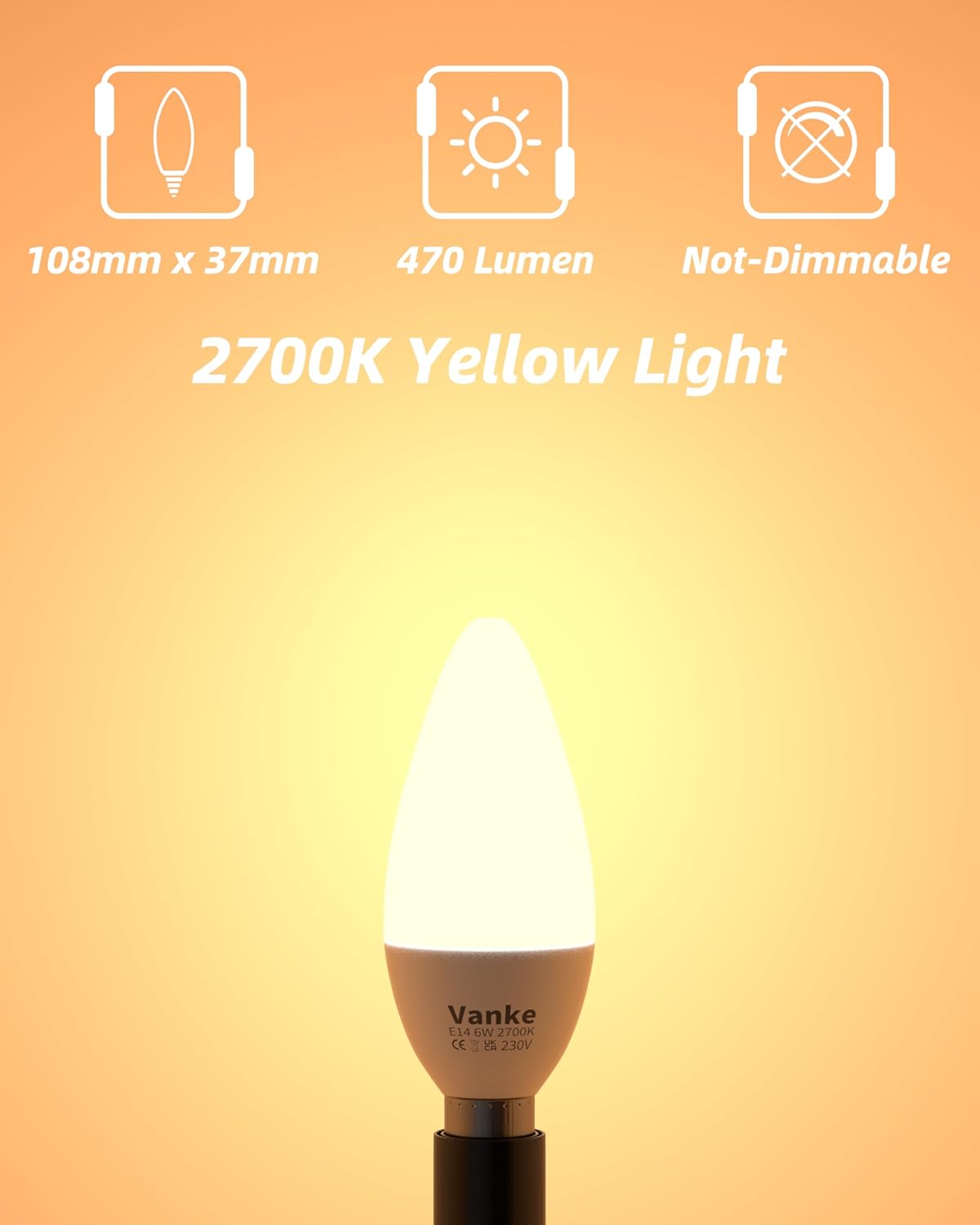 Vanke E14 LED Light Bulb, Warm White 2700K Yellow Light, 6W (40 Watts Equivalent...