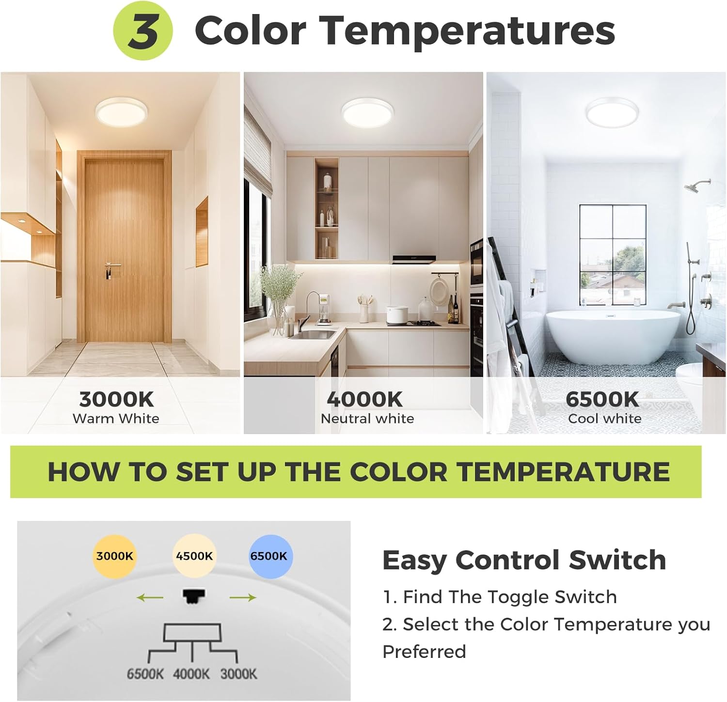 hepside LED Ceiling Light,3000K/4000K/6500K 3 Color Temperature, Waterproof IP54...