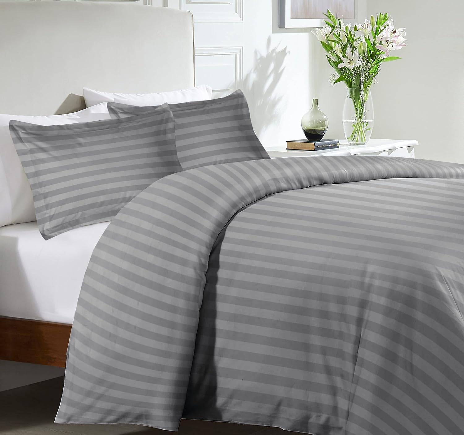 MOONLIGHT20015 King Size Duvet Cover Sets Reversible Stripes Satin Bedding Set w...