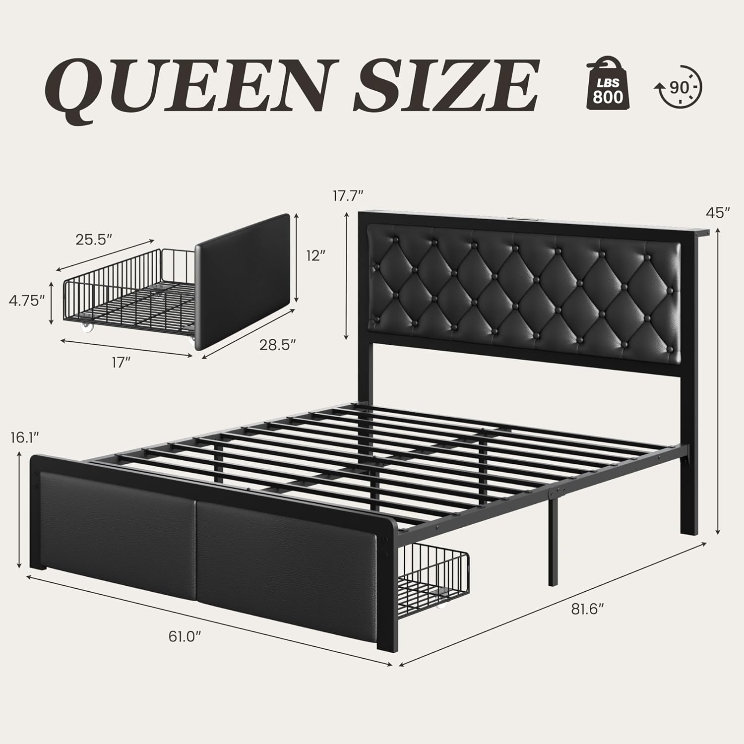Queen Bed Frame, Innovative Queen Bed Frame with 2 Storage Drawers, Special Upho...