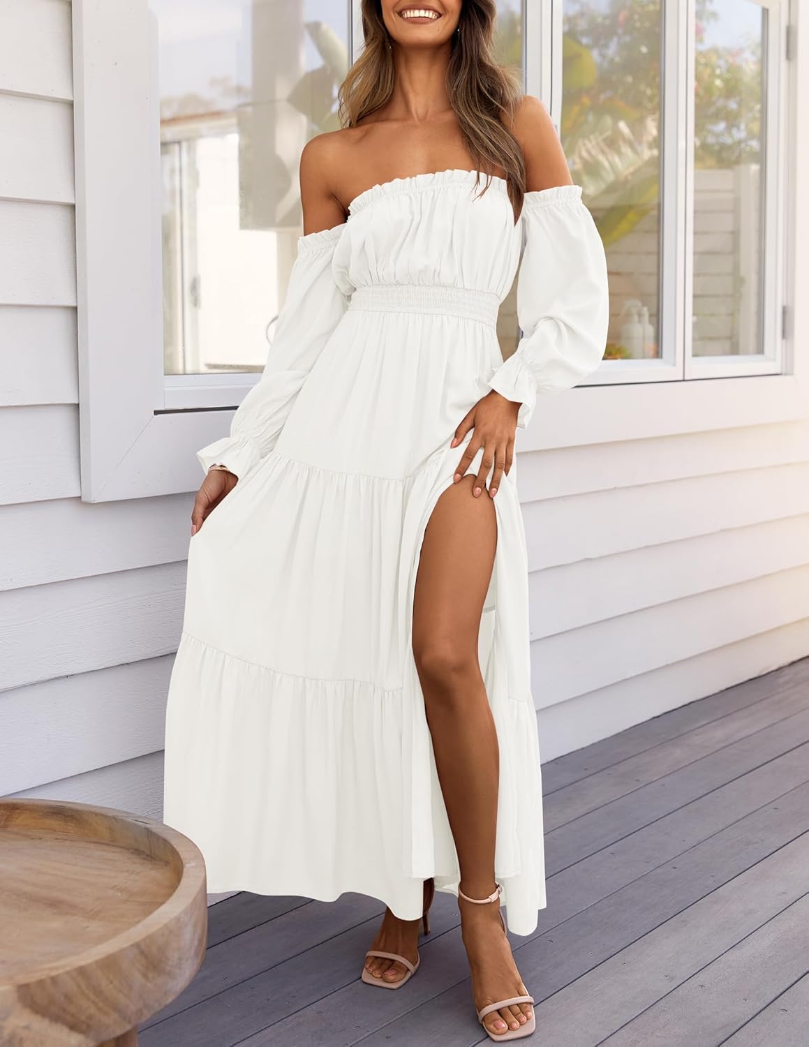 ZESICA Women's Boho Off Shoulder Spring Long Sleeve Dress 2026 High Waist Side S...