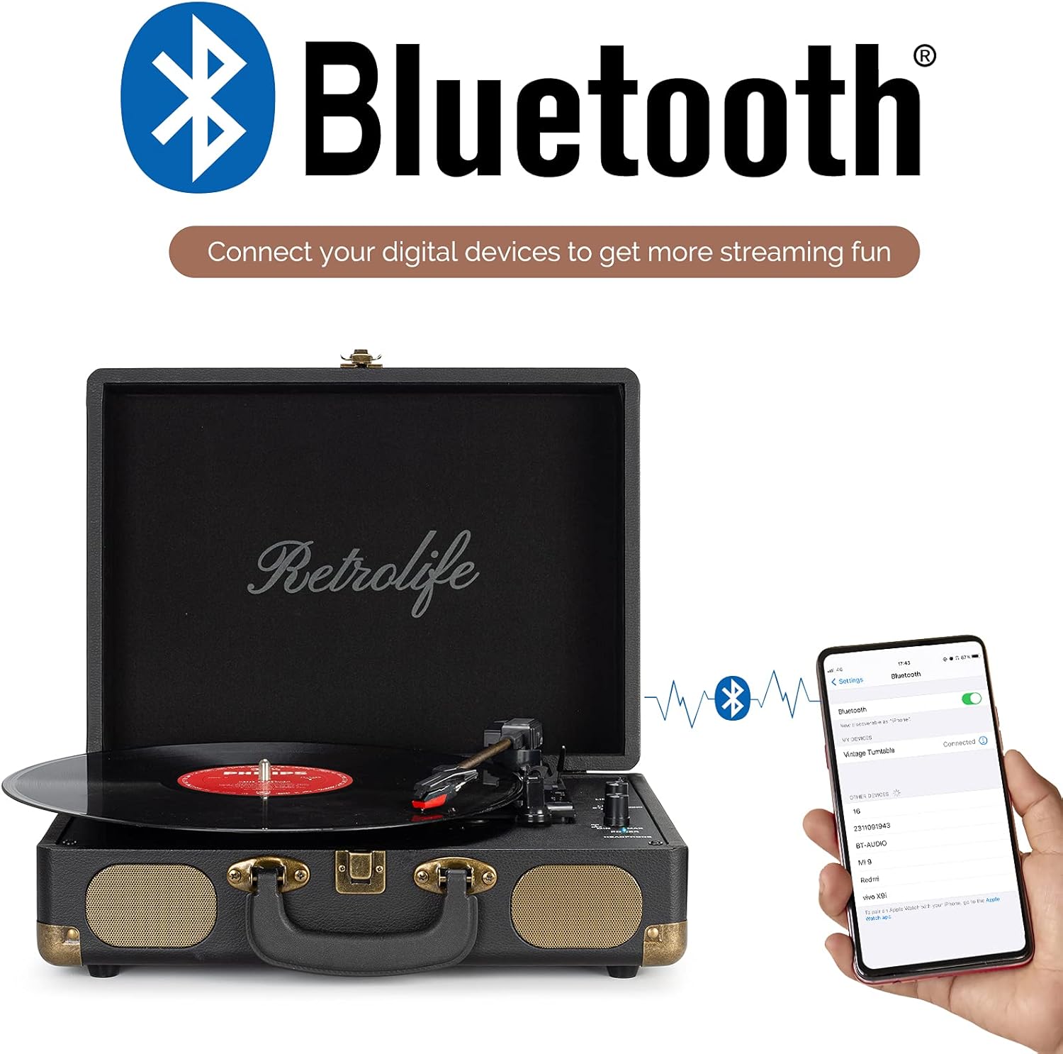Retrolife Vinyl Record Player 3-Speed Bluetooth Suitcase Portable Belt-Driven Re...