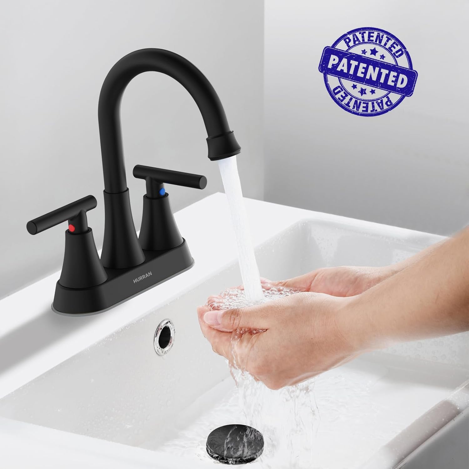 Bathroom Faucets for Sink 3 Hole, Hurran 4 inch Matte Black with Pop-up Drain an...