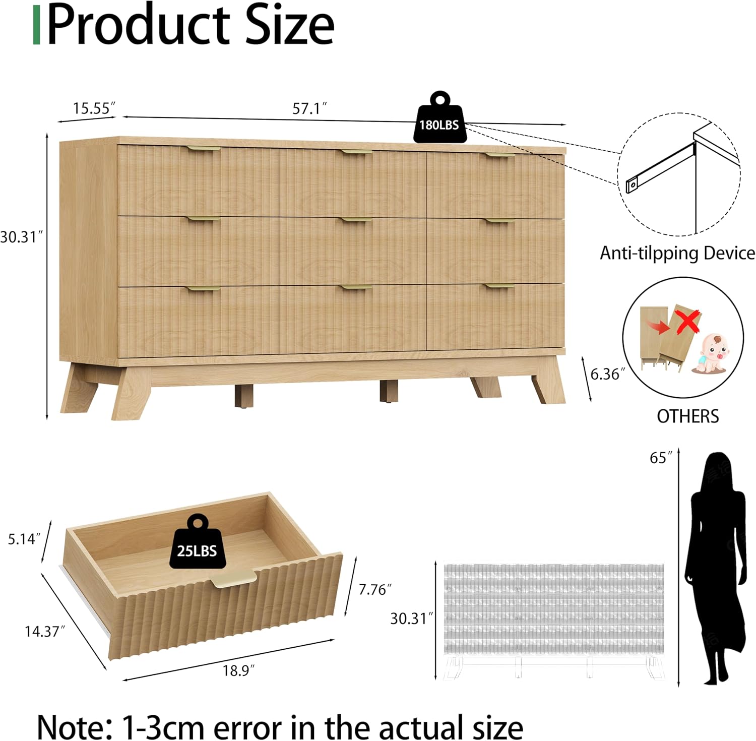 Fluted Dresser for Bedroom with 9 Drawers, 57" Wide Modern Chest of Drawers with...