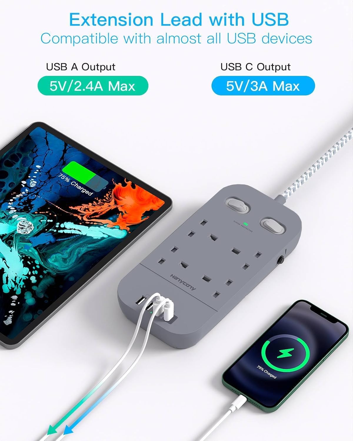 Gray Extension Lead 5M, HANYCONY 4 Way Surge Protected Power Strip with 2 USB C...