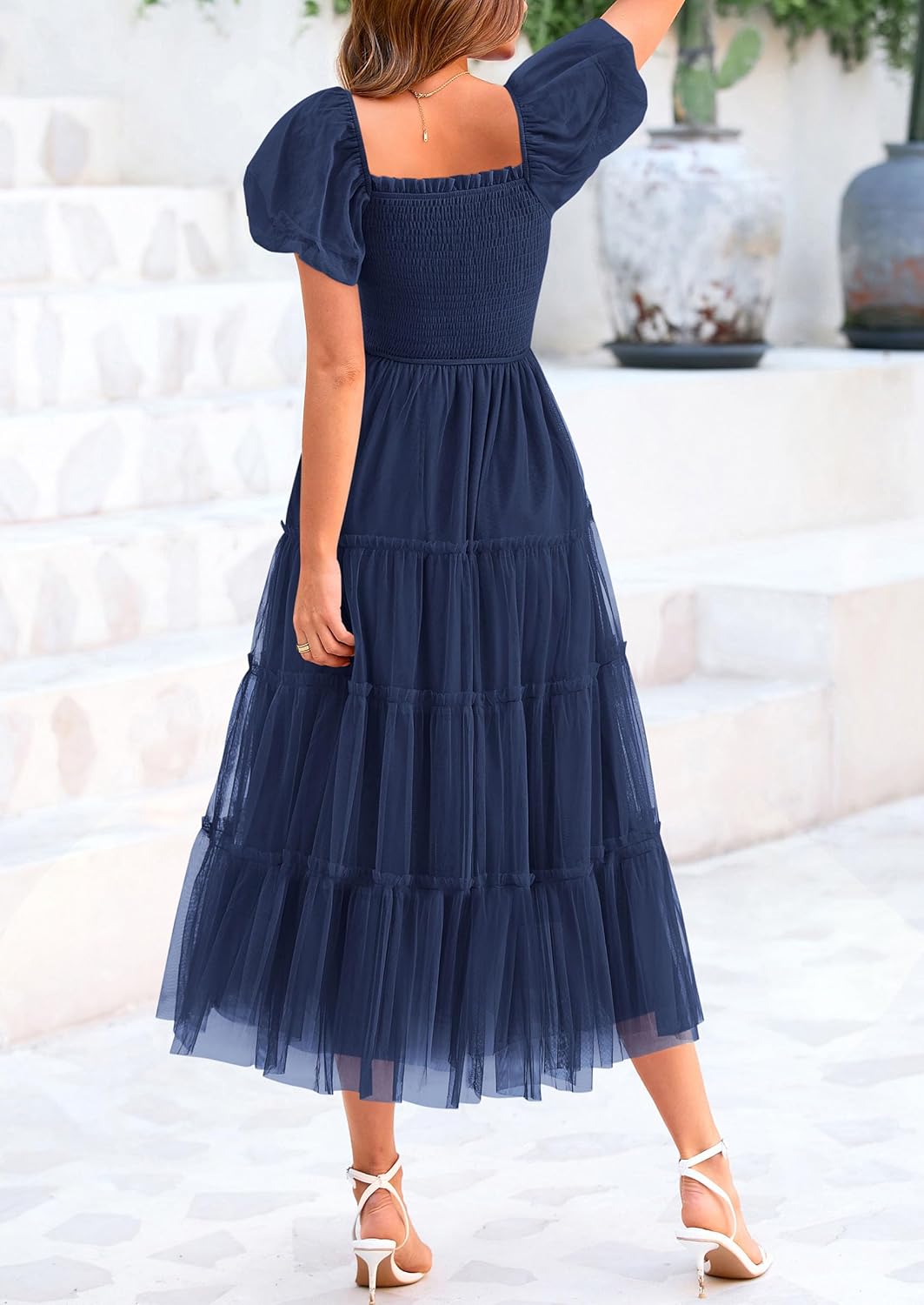 PRETTYGARDEN Women's Smocked Midi Tulle Dress 2026 Summer Puffy Short Sleeve Squ...