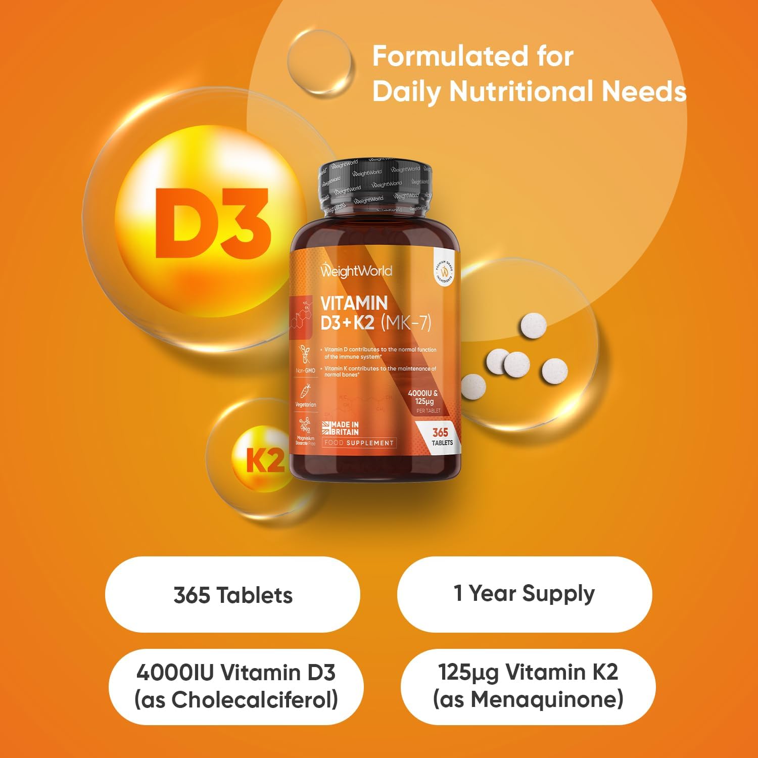 WeightWorld Vitamin D3 4000IU & K2 125μg (MK7) | 365 VIT D Tablets | 1 Year Supp...