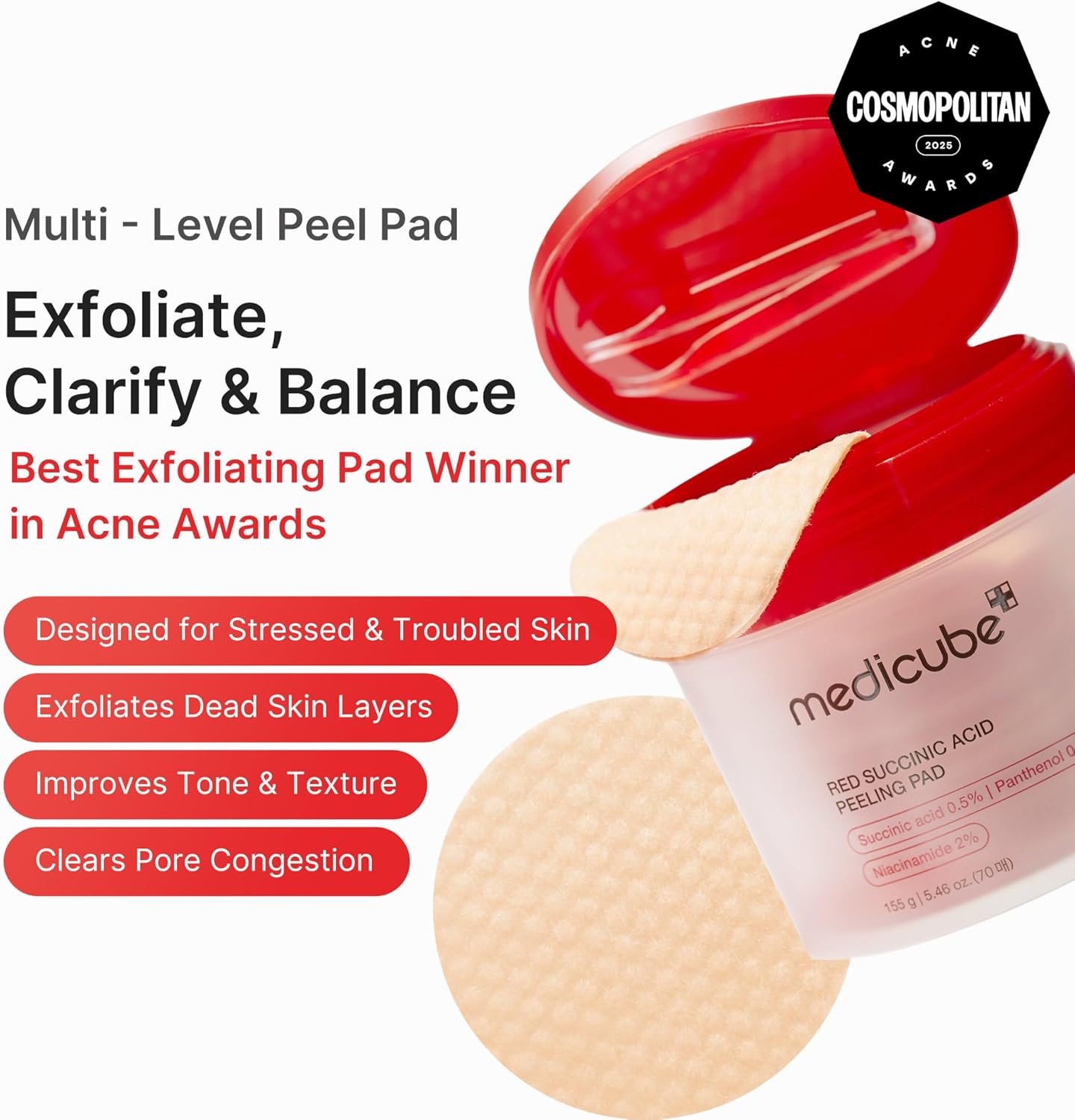 Exceptional medicube Red Succinic Acid Panthenol Facial Peeling Pads, Expert Exf...