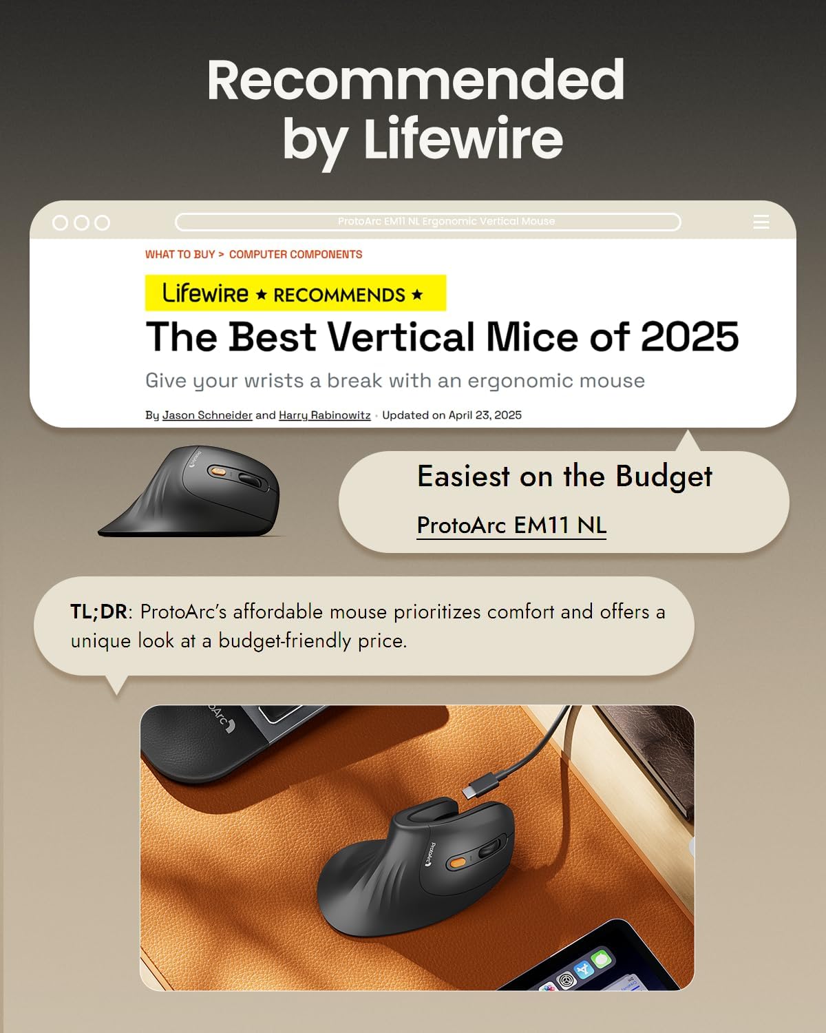 ProtoArc EM11 NL Ergonomic Mouse, Wireless Vertical Mini Mouse Rechargeable Opti...