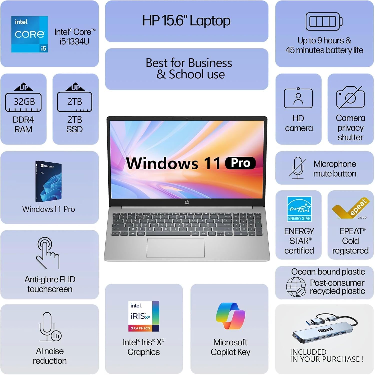 HP 15.6" FHD Touch Laptop, Intel i5, 16GB RAM, 512GB SSD, Windows 11 Pro, Wi-Fi...
