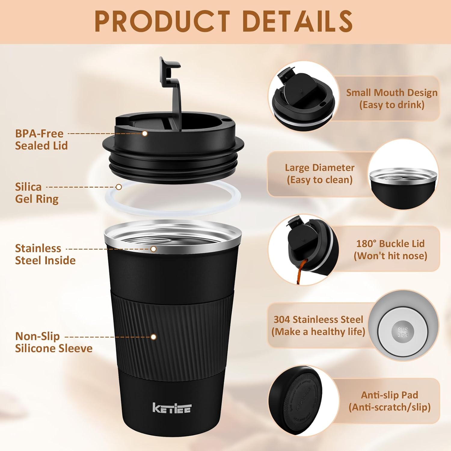 KETIEE Travel Mug, 380ml Insulated Stainless Steel Cup with Double Wall - Leakpr...