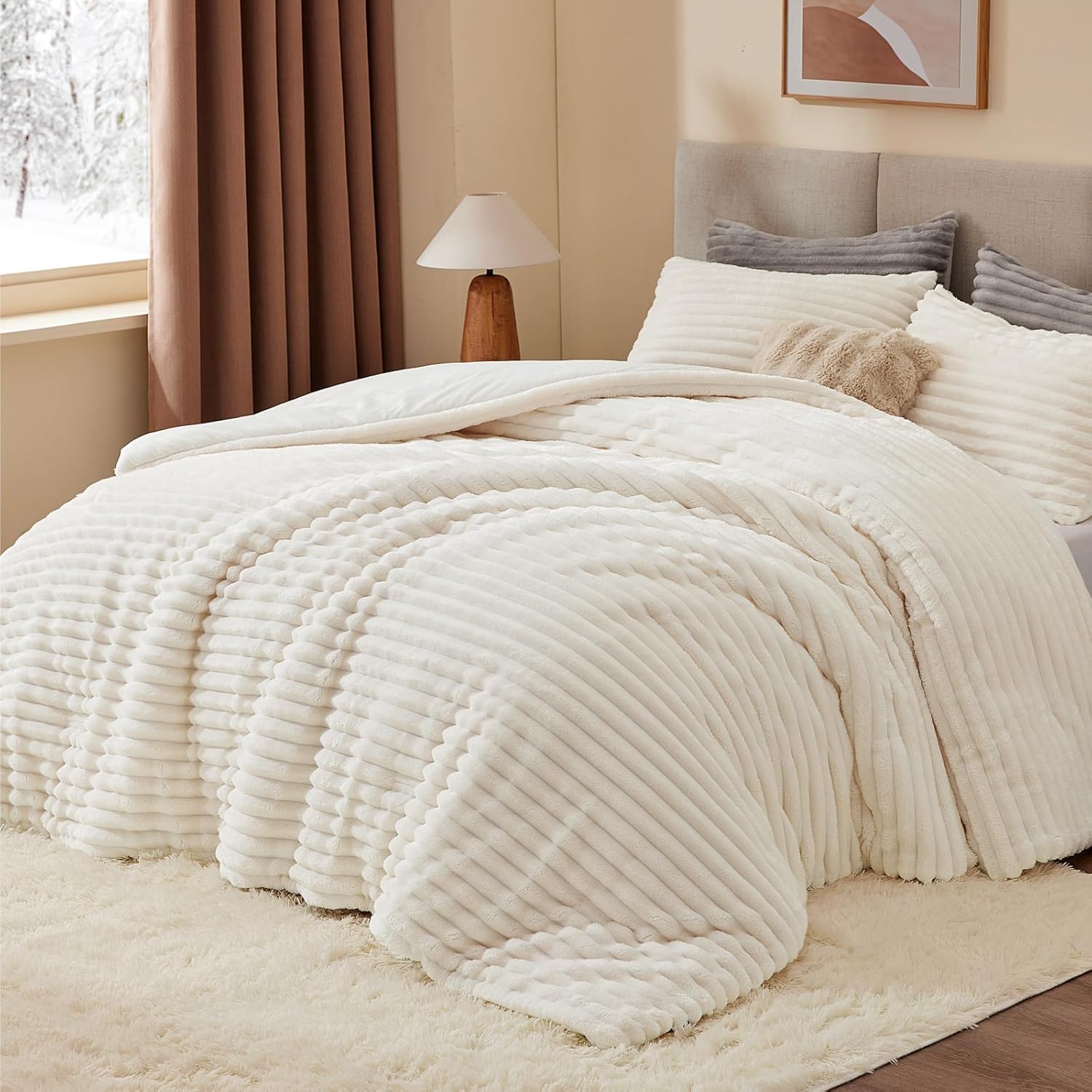BEDELITE Fleece Queen Comforter Set -Super Soft & Warm Fluffy Cream White Beddin...