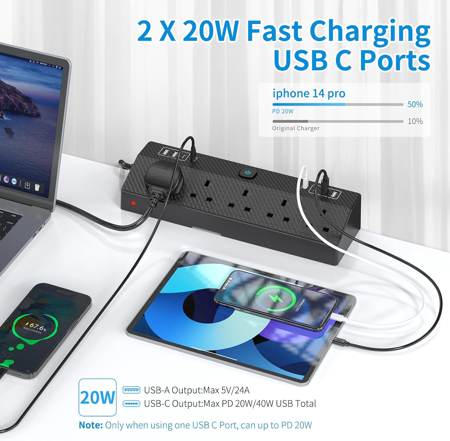 Desk Extension Lead 1.8M, HAFINO 2 PD 20W Desk Power Socket with USB C Fast Char...