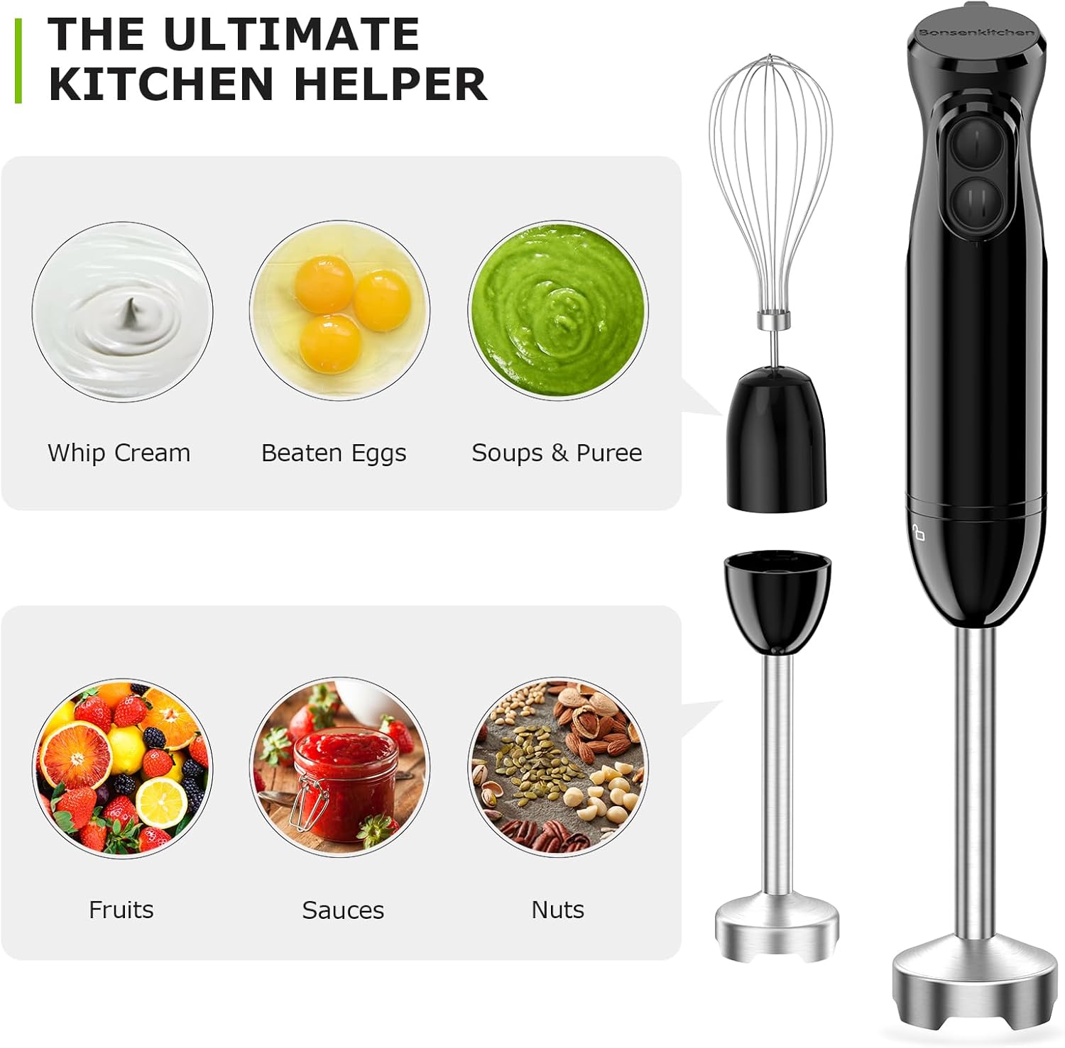 Bonsenkitchen Hand Blender, 3-in-1 Immersion Blender handheld, Stick Blender Ele...