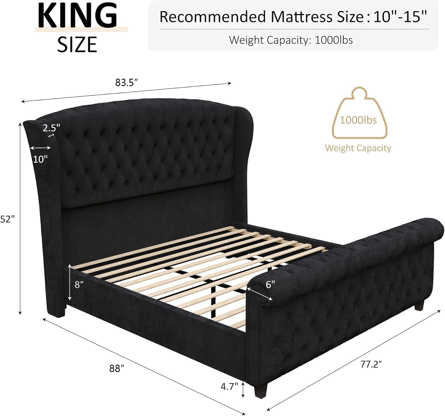 AMERLIFE King Size Platform Bed Frame, Velvet Upholstered Sleigh Bed with Scroll...