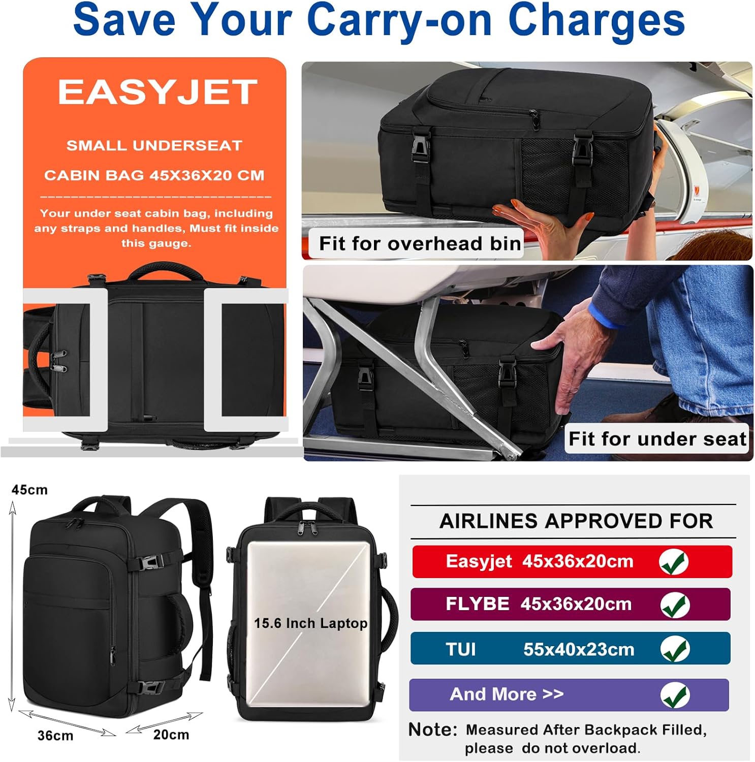 Cabin Bags 45×36×20 for New Easyjet Underseat Hand Luggage Bag Carry on Travel B...