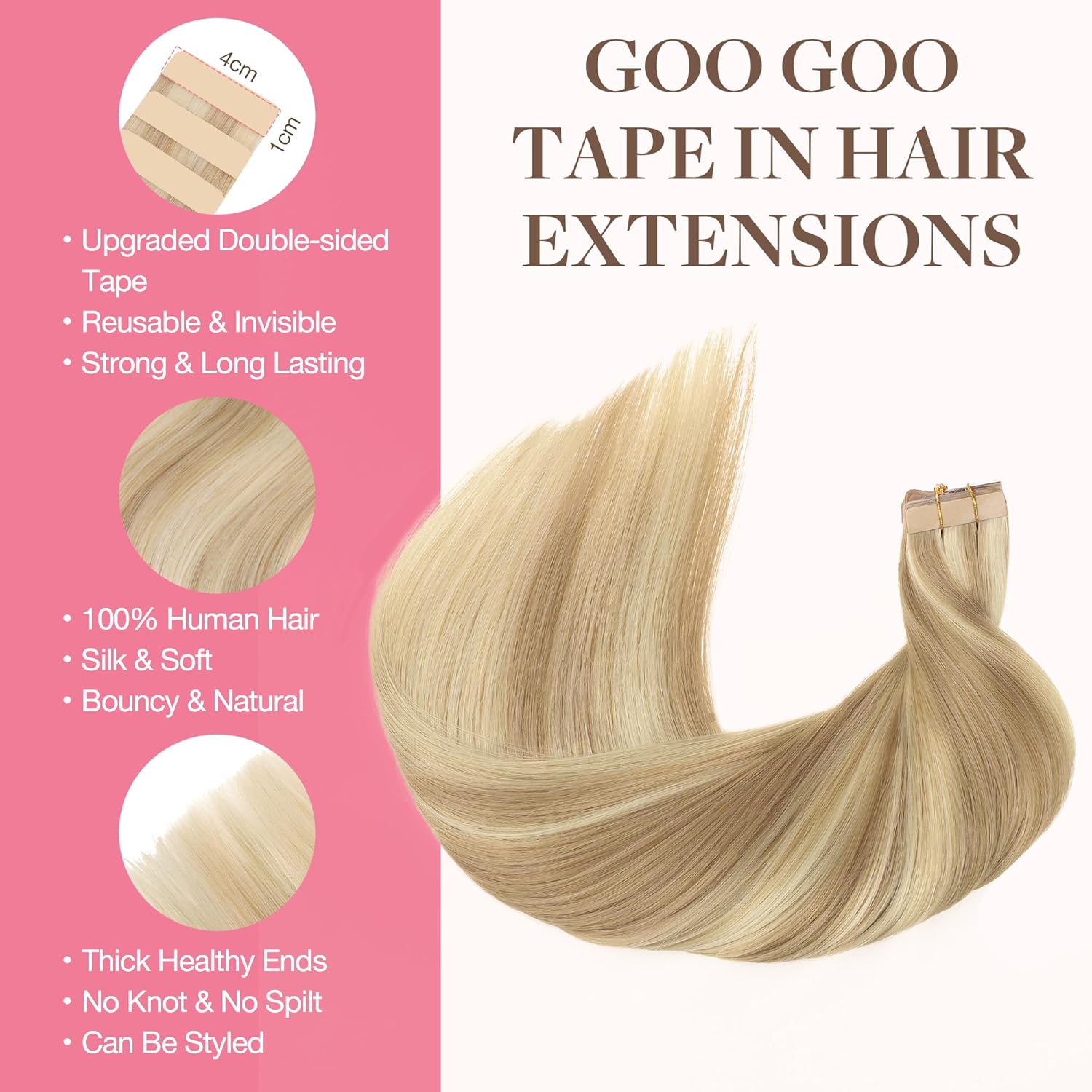 GOO GOO Tape in Hair Extensions, Premium Human Hair Extensions with Dark Blonde...