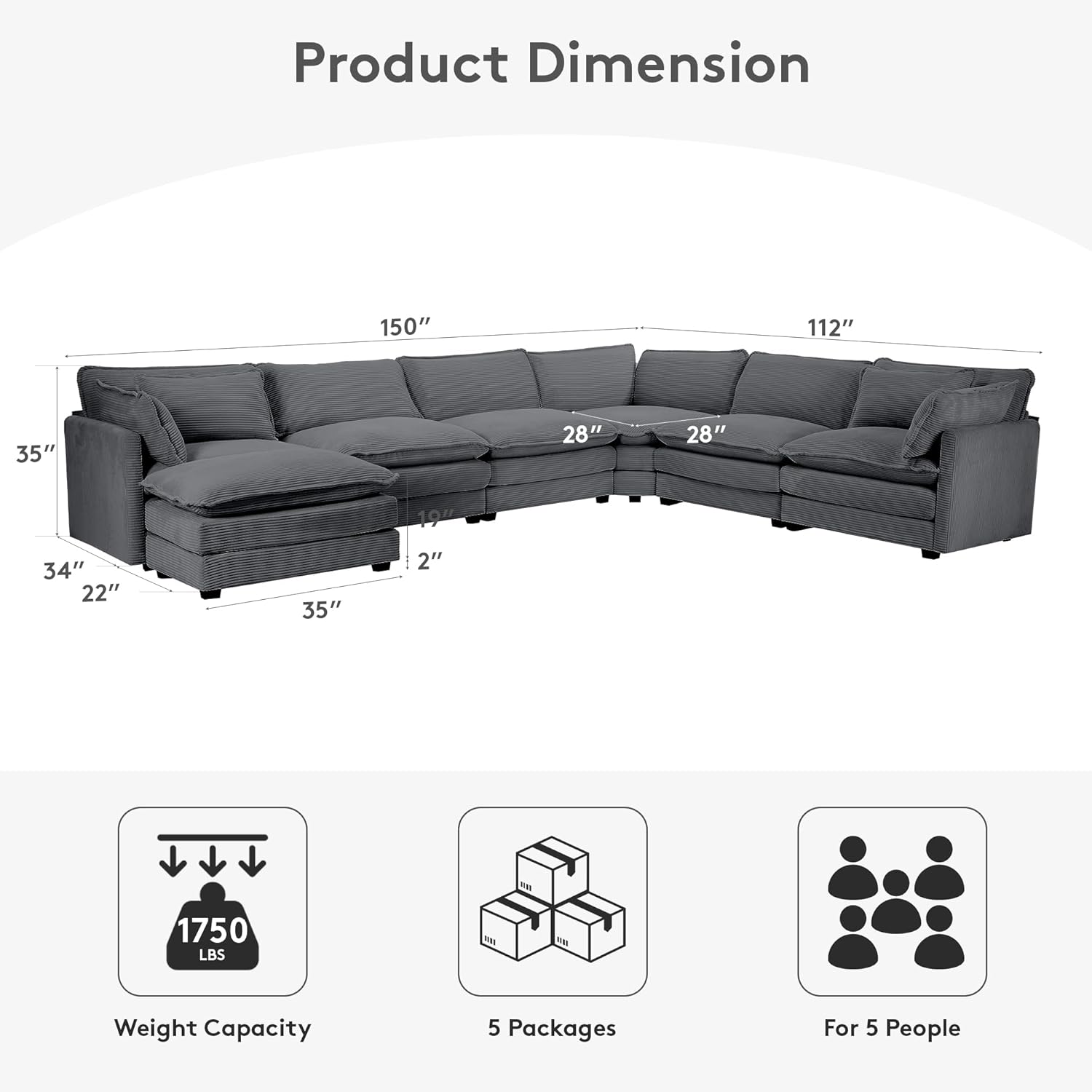 ROWHY 150'' Modular Sectional Couch, Special 7 Seater Sofa for Living Room, Inno...