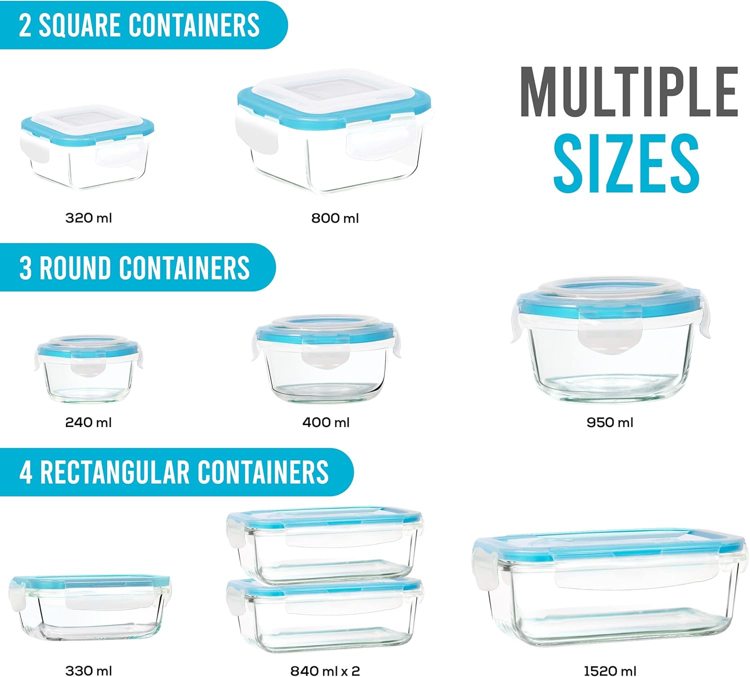 KICHLY Glass meal prep containers - Set of 18 pcs (9 Containers and 9 Lids) - Ai...