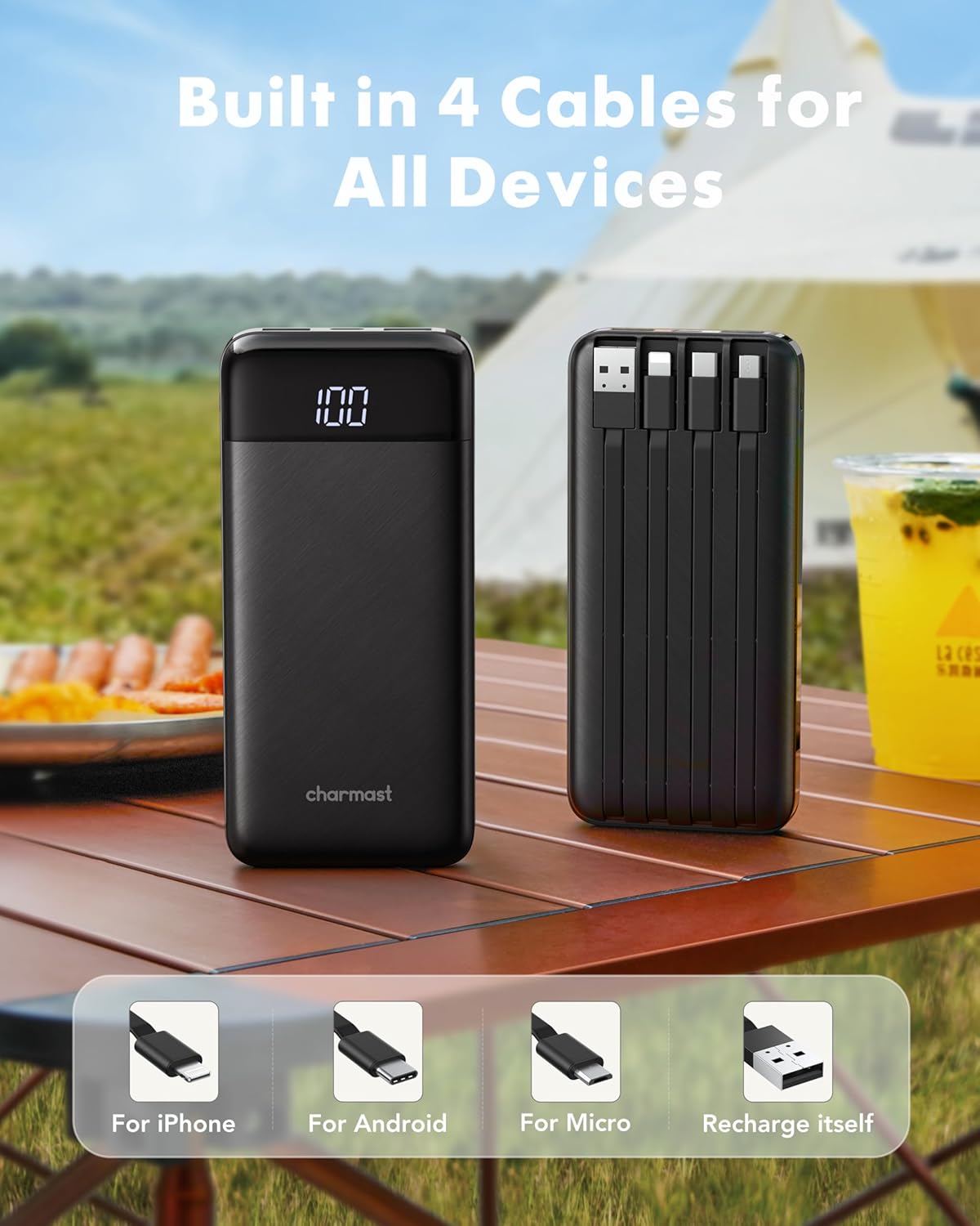 Charmast Power Bank with Built in Cables X 4, 10000mAh USB C Battery pack 6 Outp...