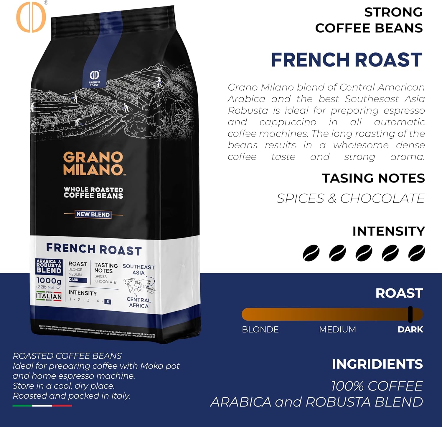 Grano Milano French Roast Robusta & Arabica Coffee Beans 1kg – Extra Strong Dark...