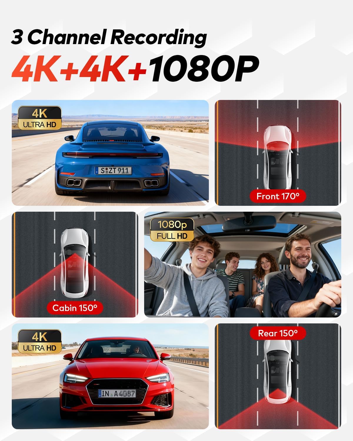 4K+4K+1080P Dash Cam Front and Rear with Cabin, Free 128GB Card Included, WiFi 6...