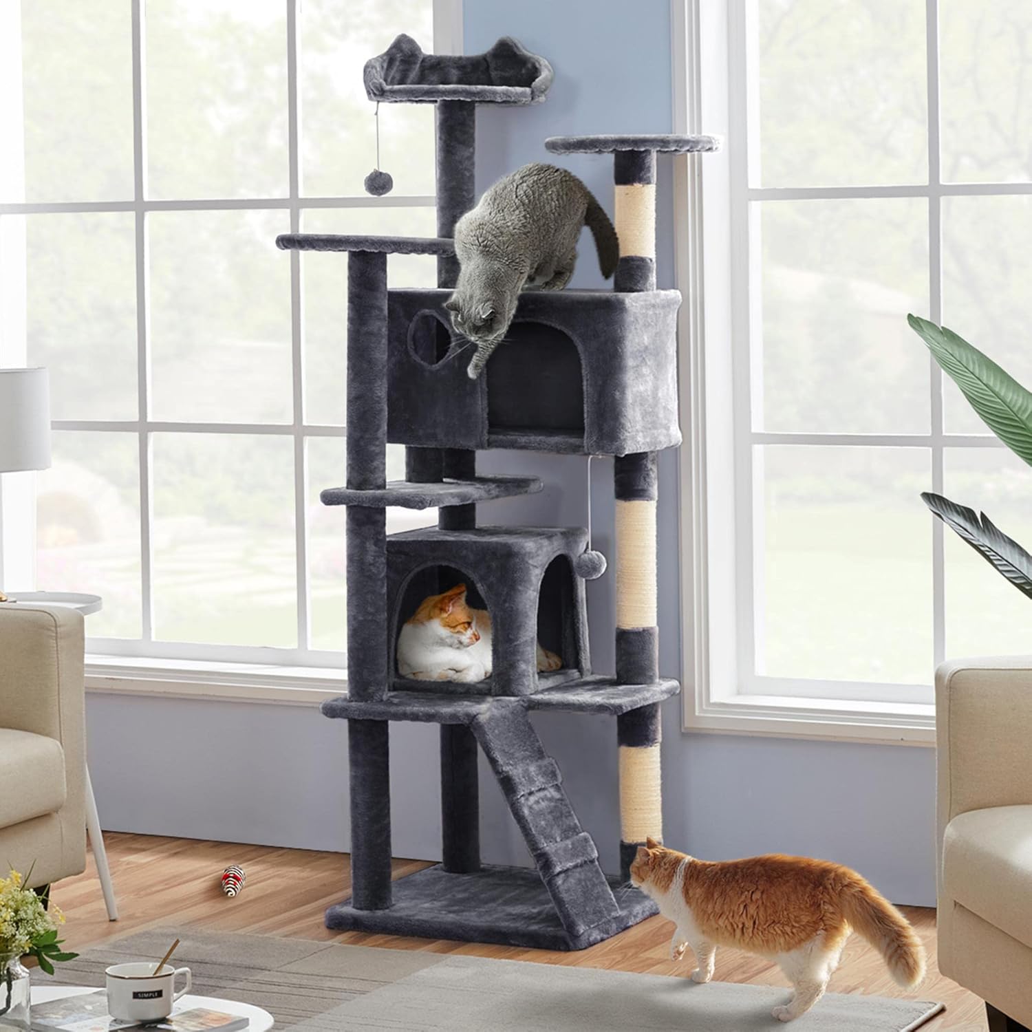 Yaheetech Tall Cat Tree, 178cm Cat Tower w/Scratching Posts, 2 Caves, Perched Pl...