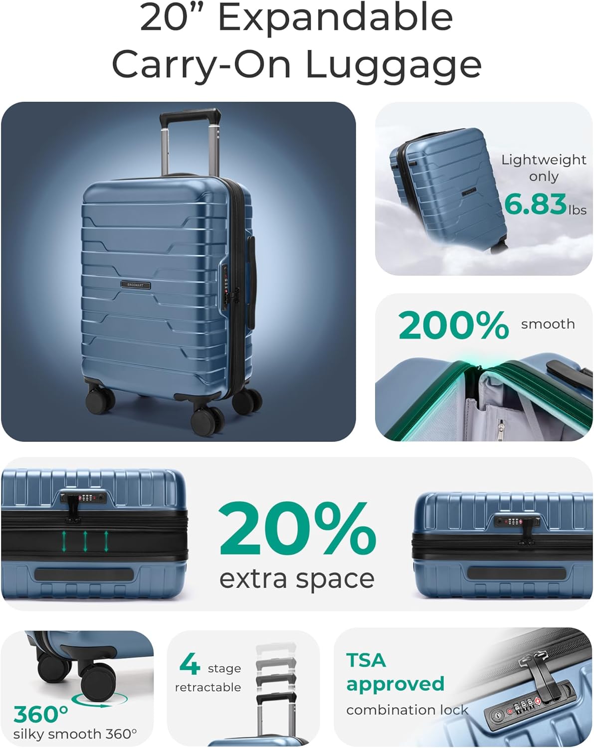 BAGSMART Carry On Luggage 19 L x14 W x9 H Airline Approved with Spinner Wheels,...