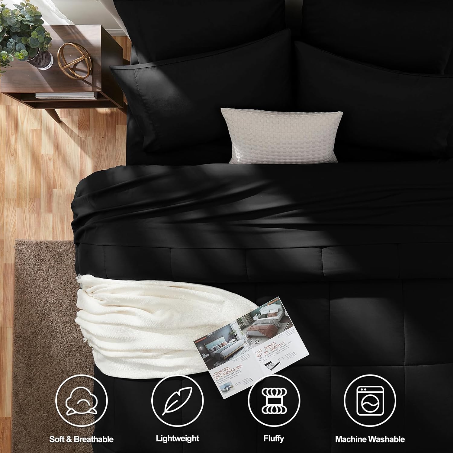 CozyLux Full Size Comforter Sets Black, 7 Pieces Bed in a Bag, Black Comforter F...