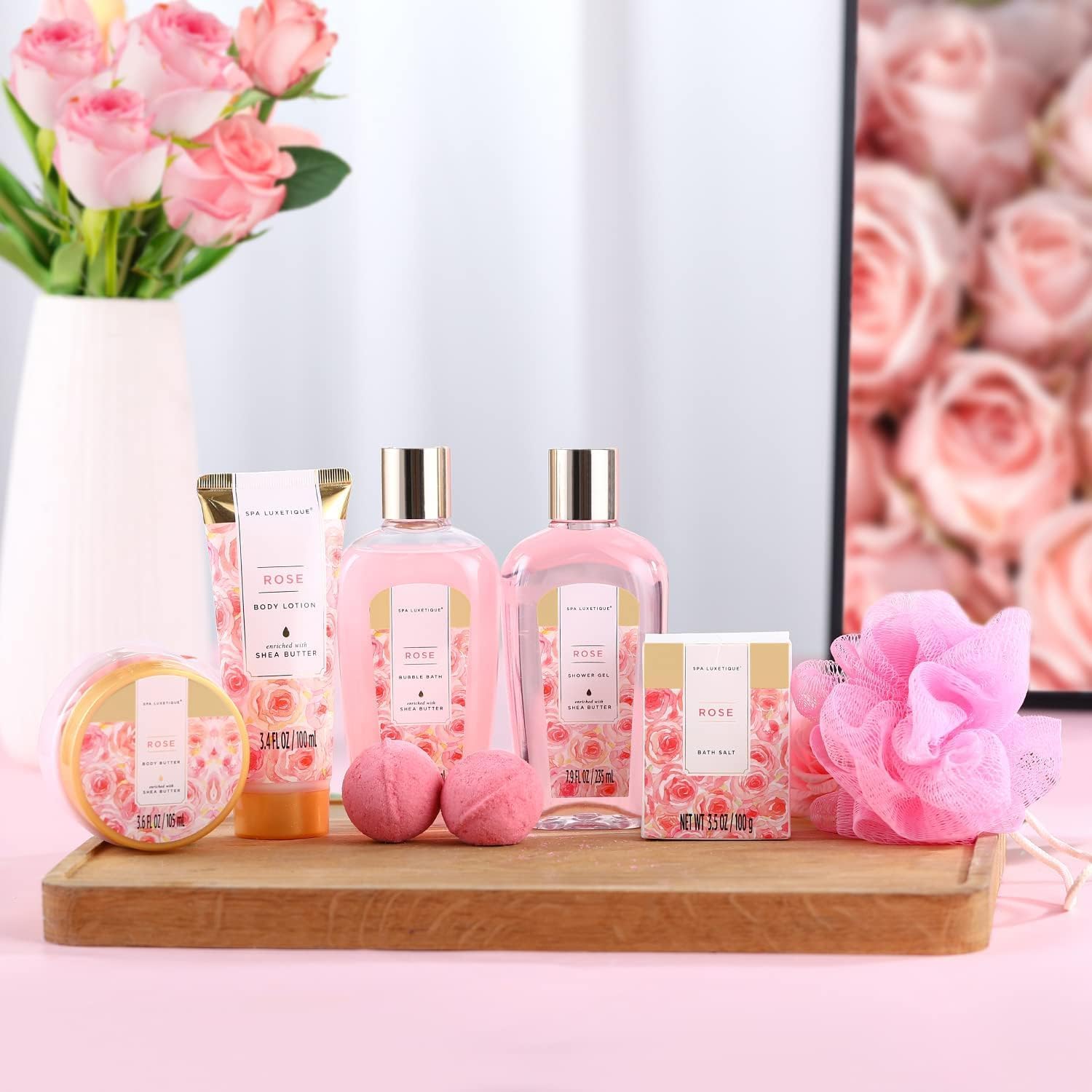 Spa Luxetique Spa Gift Set, Pamper Gifts for Women, 8pcs Rose Bath Gift Sets wit...