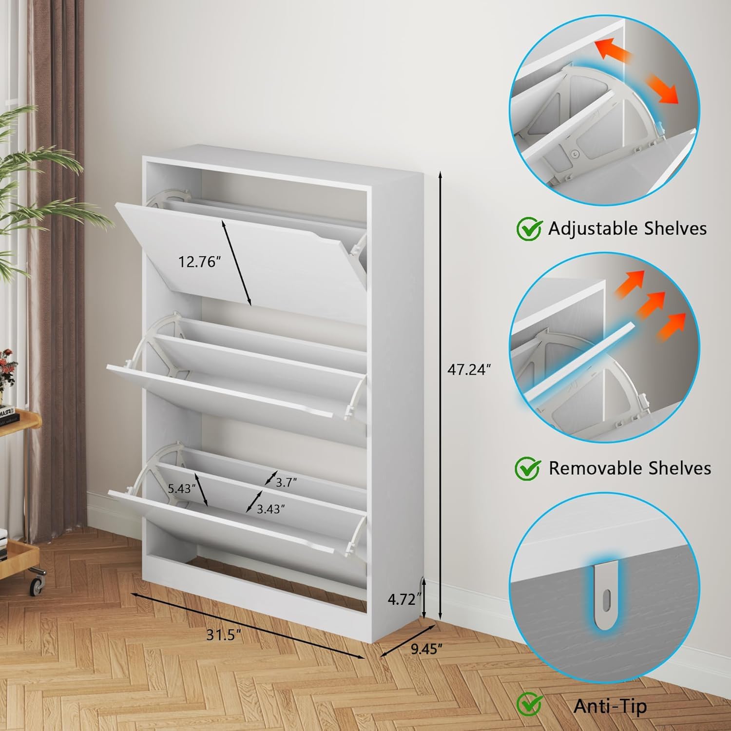 Shoe Cabinet with 3 Flip Drawers, Hidden Wood Shoe Cabinet,Freestanding Shoe Sto...