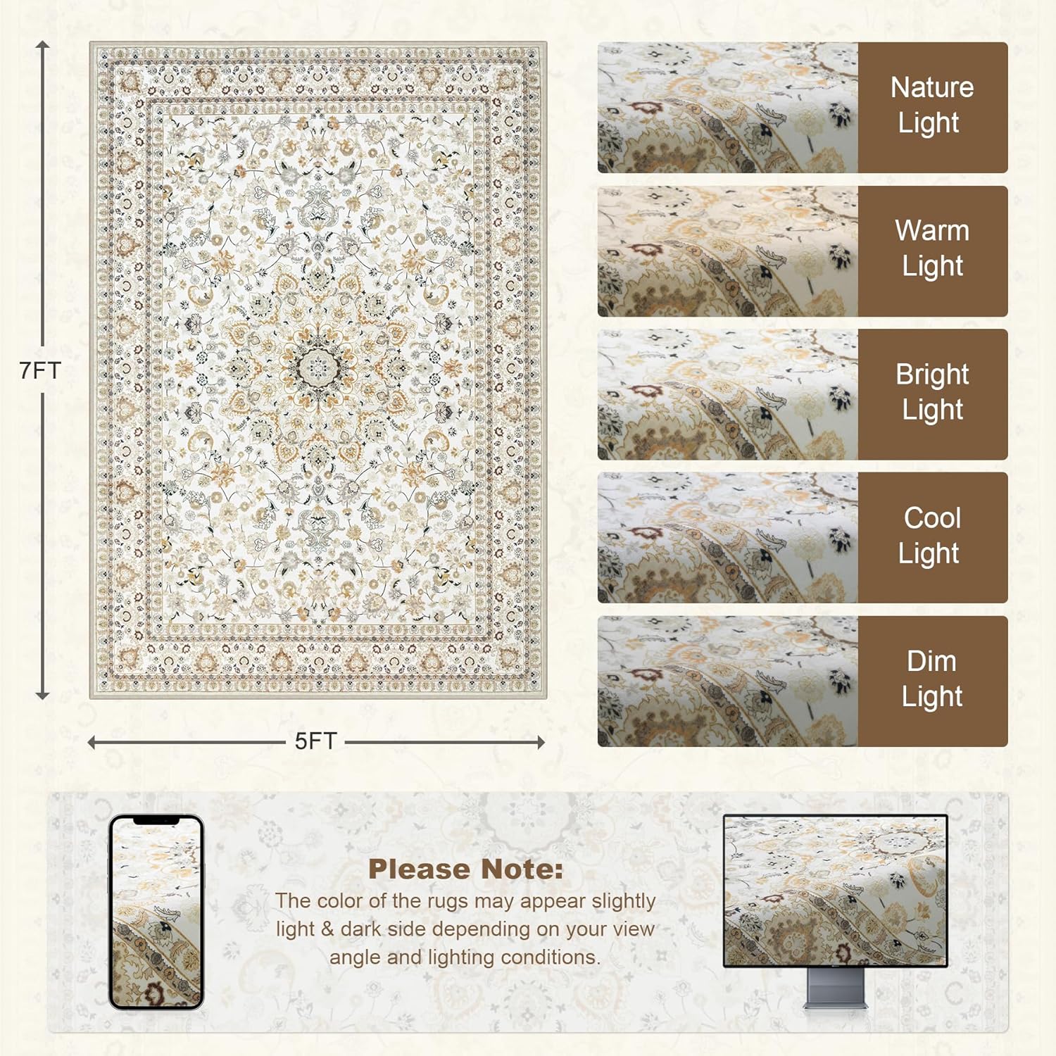 Washable Vintage Boho 5x7 Area Rug, Unique Soft Carpet with No Slip Stain Resist...