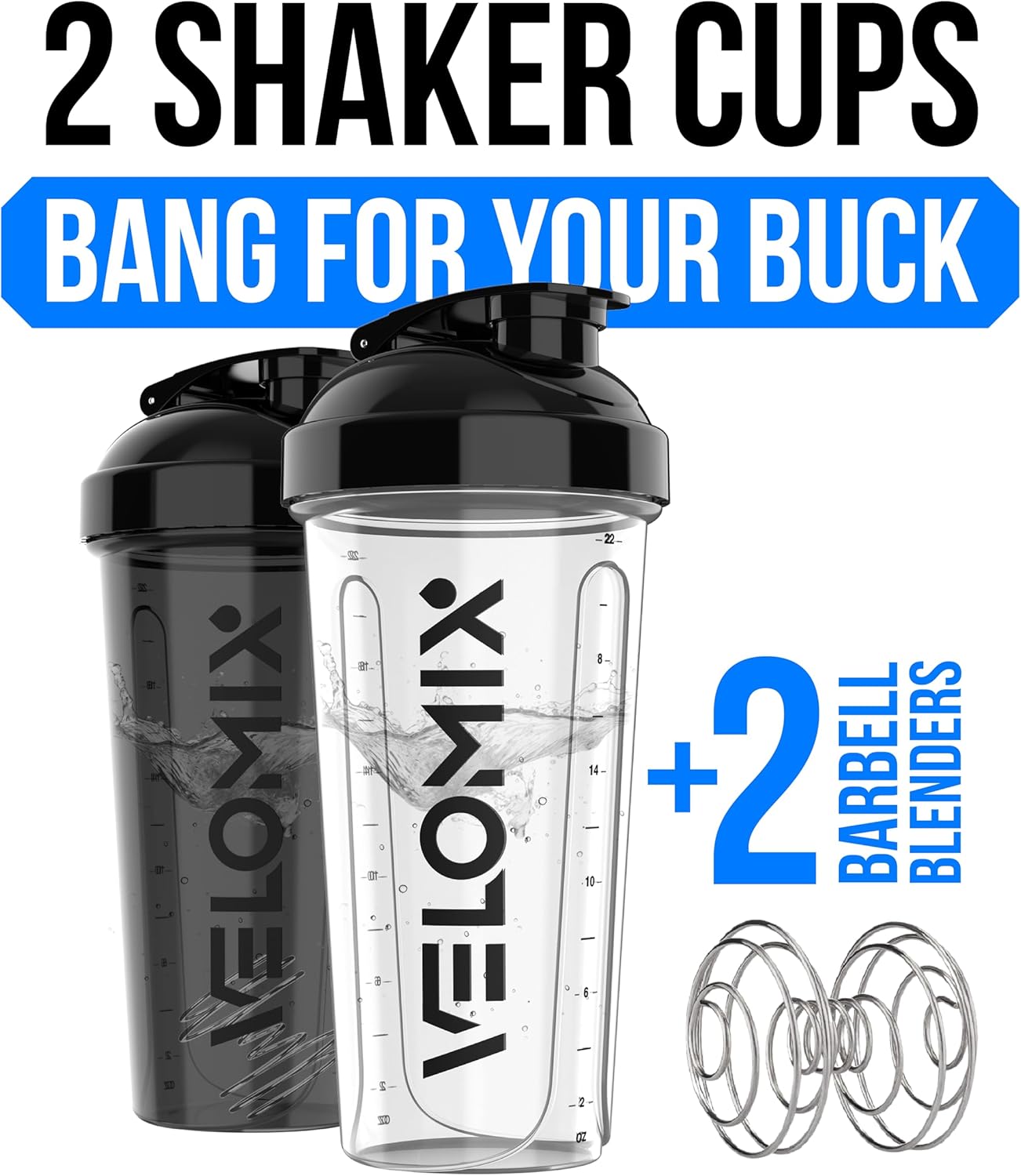 VELOMIX -2 Pack- 28 oz Protein Shaker Bottles for Protein Mixes - 2x Wire Whisk...