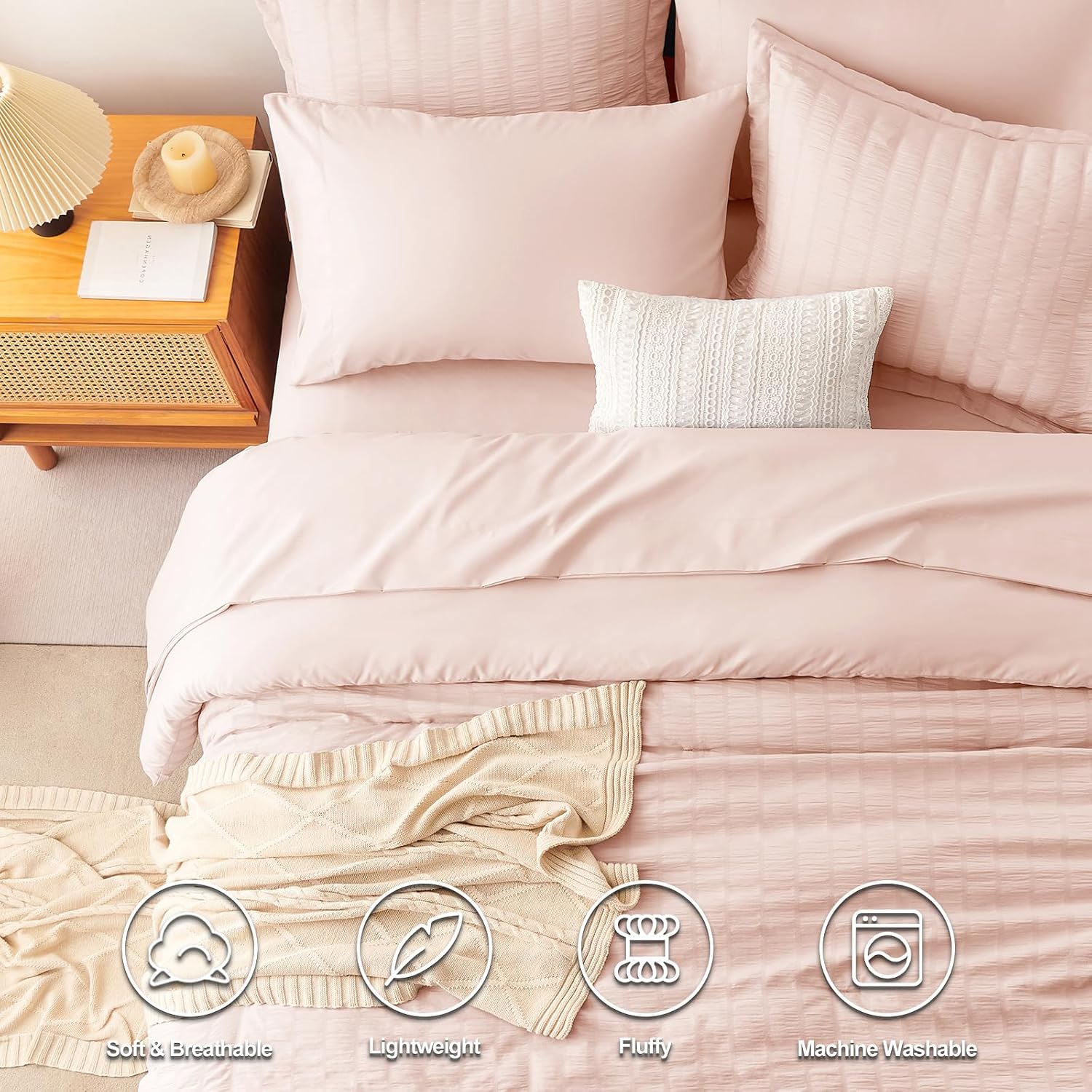 CozyLux Queen Comforter Set Blush Pink Seersucker 7 Pieces Bed in a Bag Queen Co...