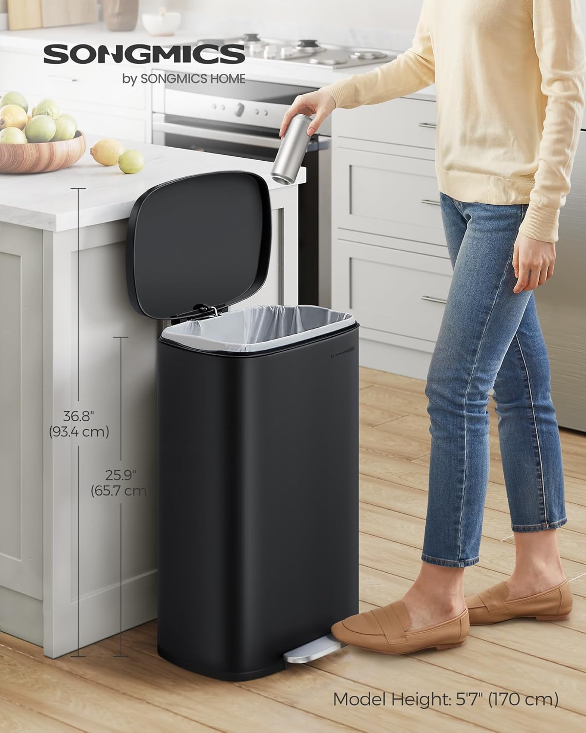 SONGMICS Kitchen Bin 13 Gallon (50 L), Pedal Rubbish Bin, Soft Close, Step-On Pe...