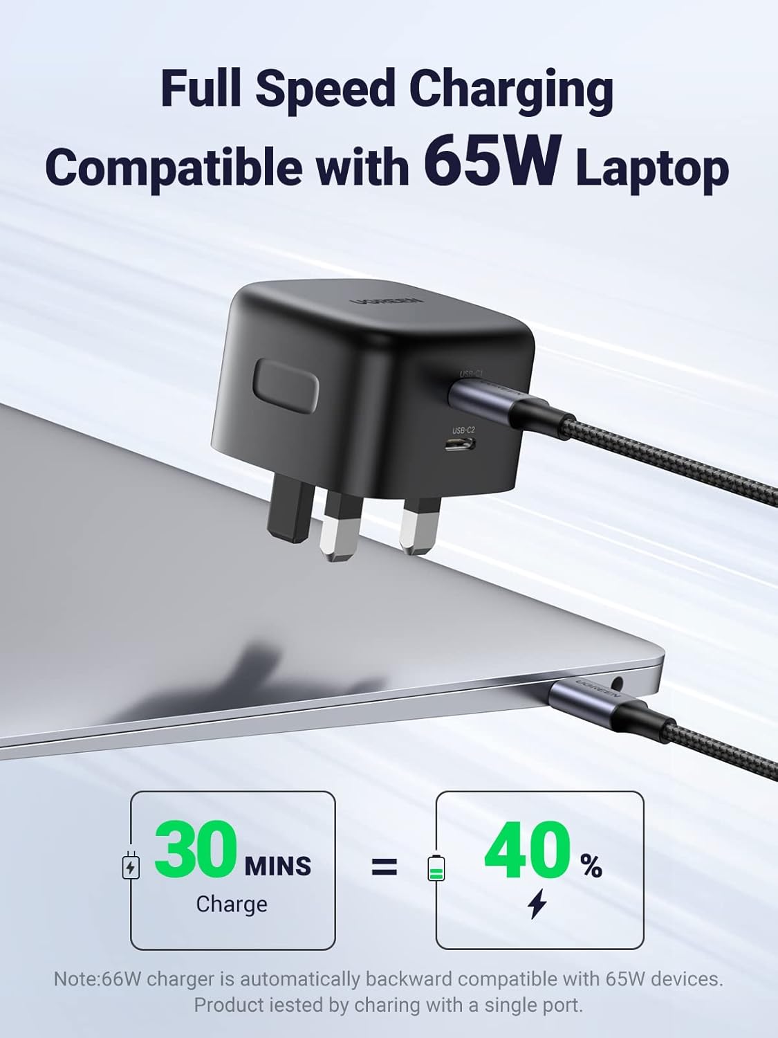 UGREEN USB C Charger 65W Plug GaN Charger 2C Fast Charging Laptop Charger Compat...