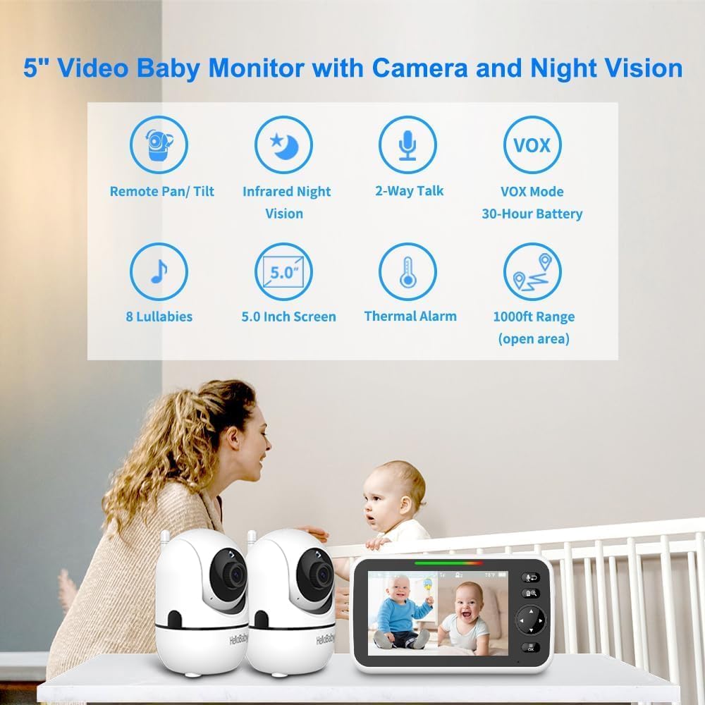 HelloBaby Baby Monitor with 2 Cameras and Night Vision, 5'' Split Screen Dual Ba...