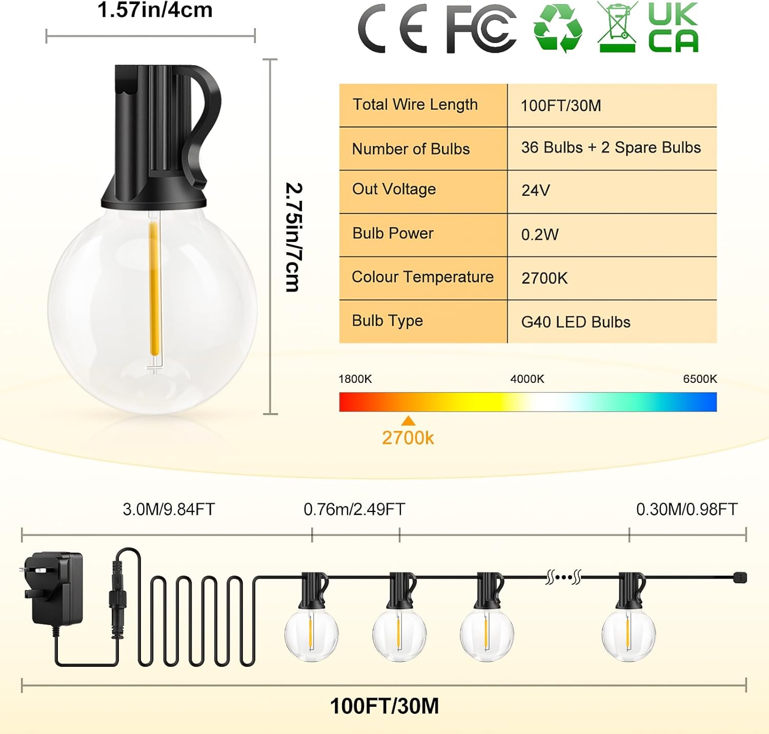 Outdoor String Lights Mains Powered - G40 Garden Festoon Lights 100FT/30M Dimmab...