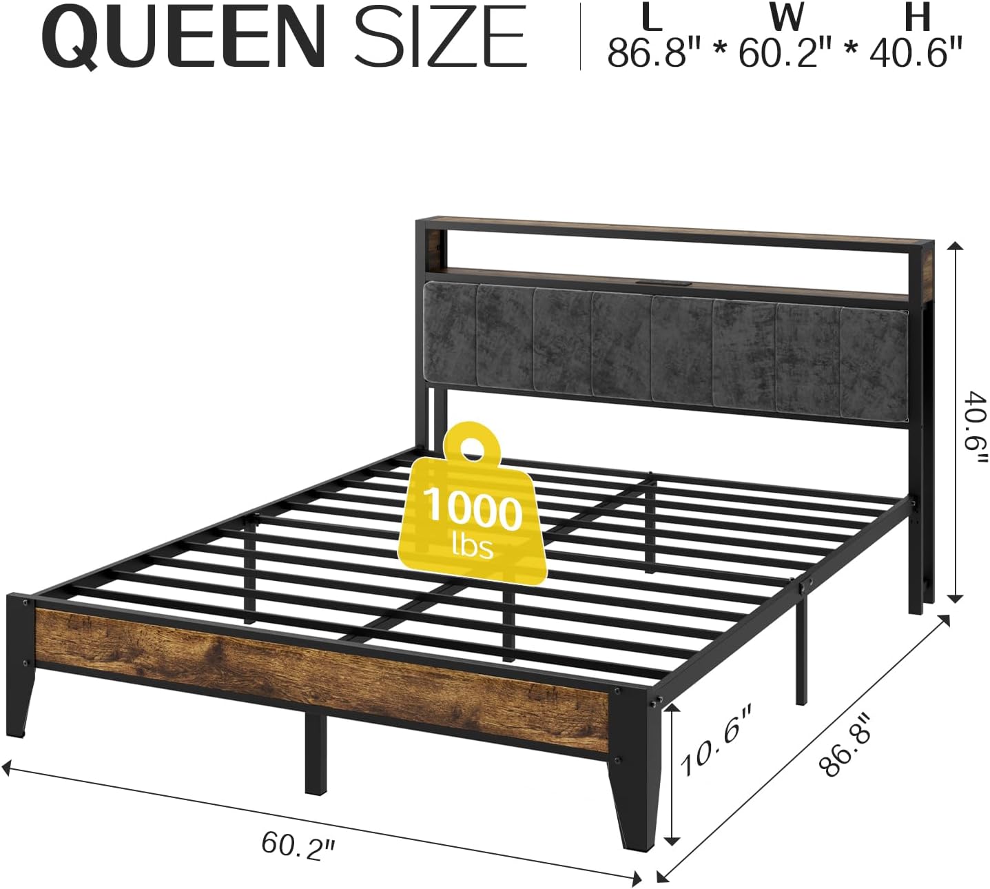 OLEVS Queen Bed Frame Metal Platform Bed Queen Size with 2-Tier Storage & LED Li...